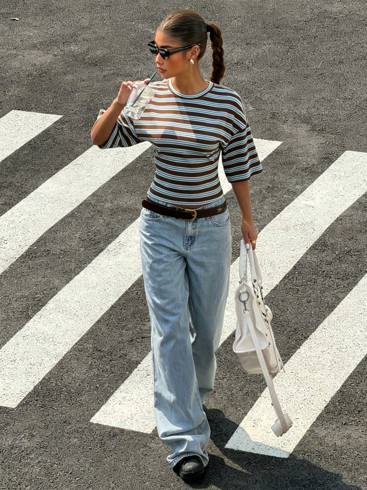 Muchica Casual Minimalist Style College Ribbed Knit Fitted T-Shirt, Purple & Blue, Suitable For Spring/Summer,Summer Top