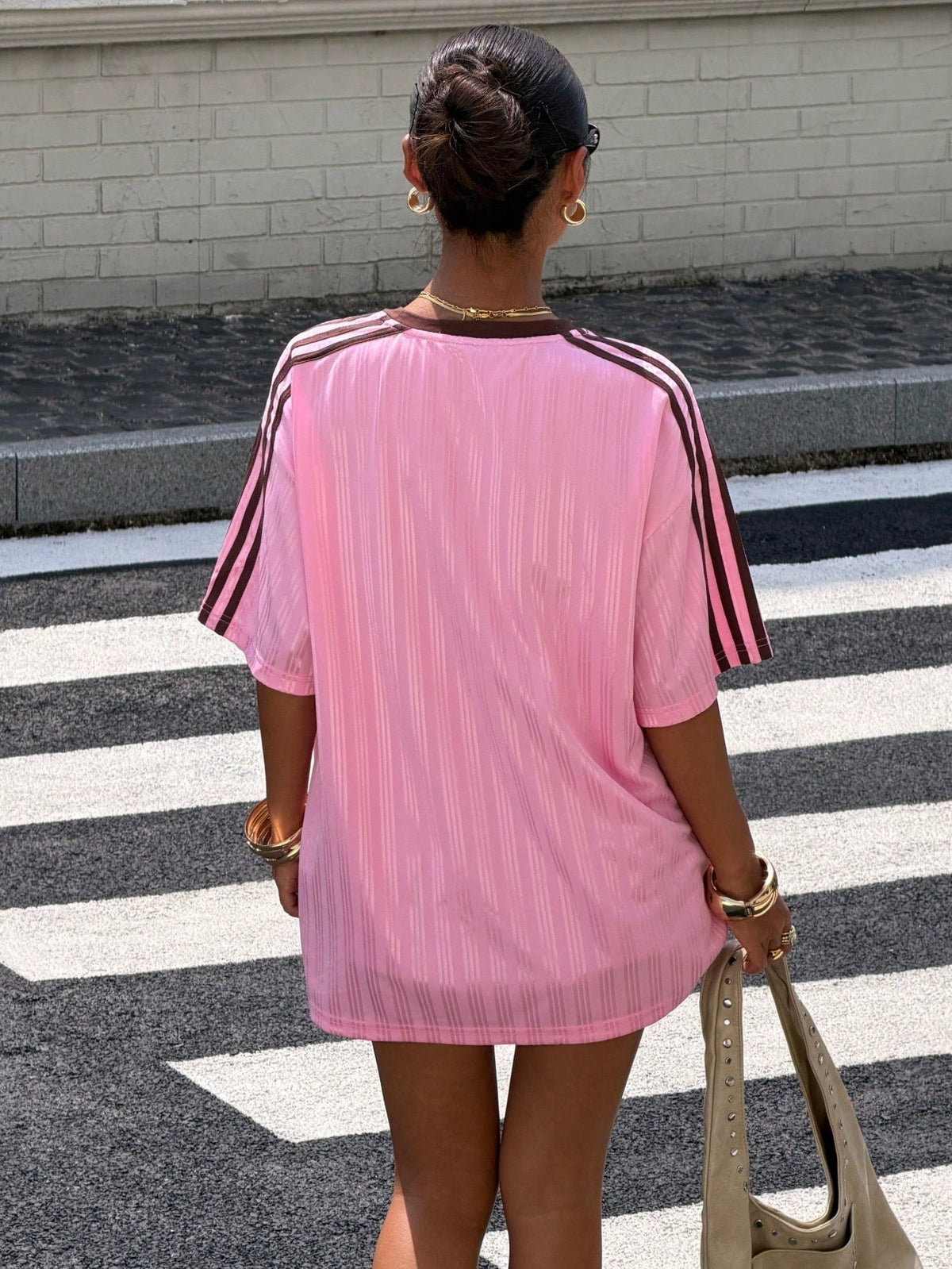 Muchica Pink Satin Patchwork Tee With Brown Trim & Graphic Print Sports T-Shirt Cute Chic Basic Short Sleeve Going Out Back To School Women's Blouse