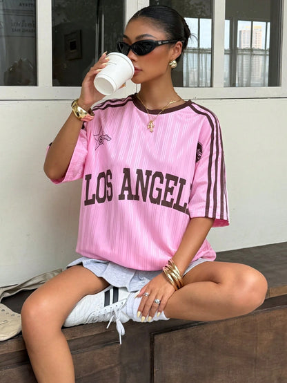 Muchica Pink Satin Patchwork Tee With Brown Trim & Graphic Print Sports T-Shirt Cute Chic Basic Short Sleeve Going Out Back To School Women's Blouse