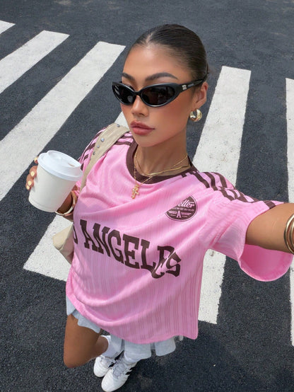 Muchica Pink Satin Patchwork Tee With Brown Trim & Graphic Print Sports T-Shirt Cute Chic Basic Short Sleeve Going Out Back To School Women's Blouse