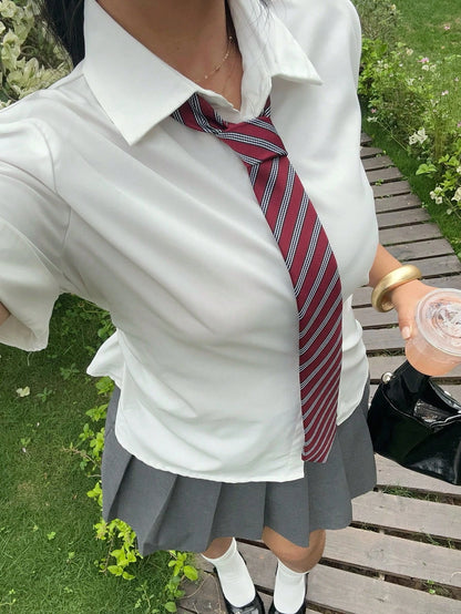 Muchica Plus Size Casual Solid Color Cinched Waist White Shirt For Summer, Back-To-School School Style, Chic Daily Commute, Business, Party, Y2k Burgundy