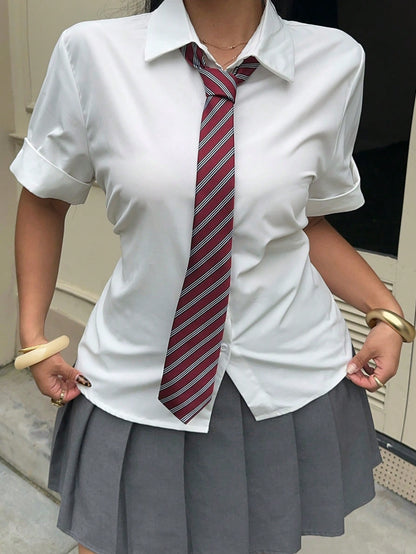 Muchica Plus Size Casual Solid Color Cinched Waist White Shirt For Summer, Back-To-School School Style, Chic Daily Commute, Business, Party, Y2k Burgundy