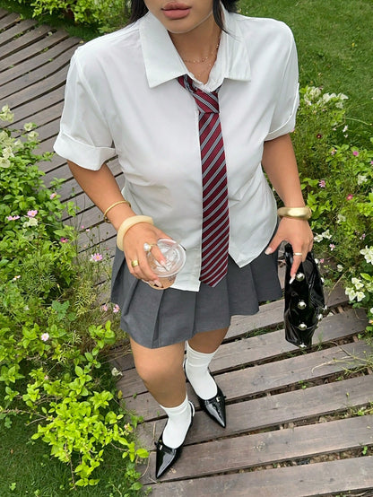 Muchica Plus Size Casual Solid Color Cinched Waist White Shirt For Summer, Back-To-School School Style, Chic Daily Commute, Business, Party, Y2k Burgundy