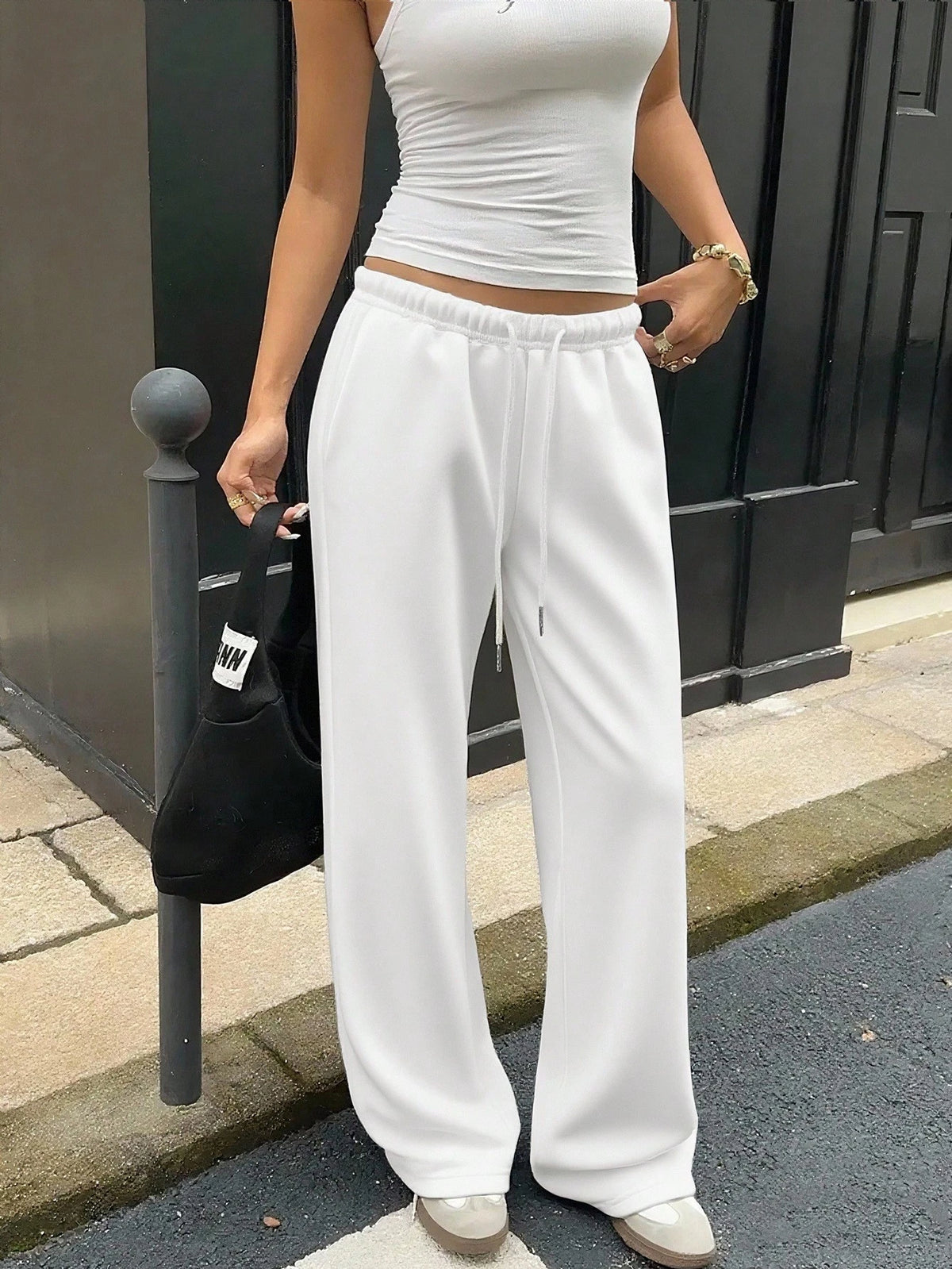 Muchica White Women's Casual Loose Front Tie Sweatpants, Suitable For Everyday Wear And Back To School Season, Autumn/Winter,Fall