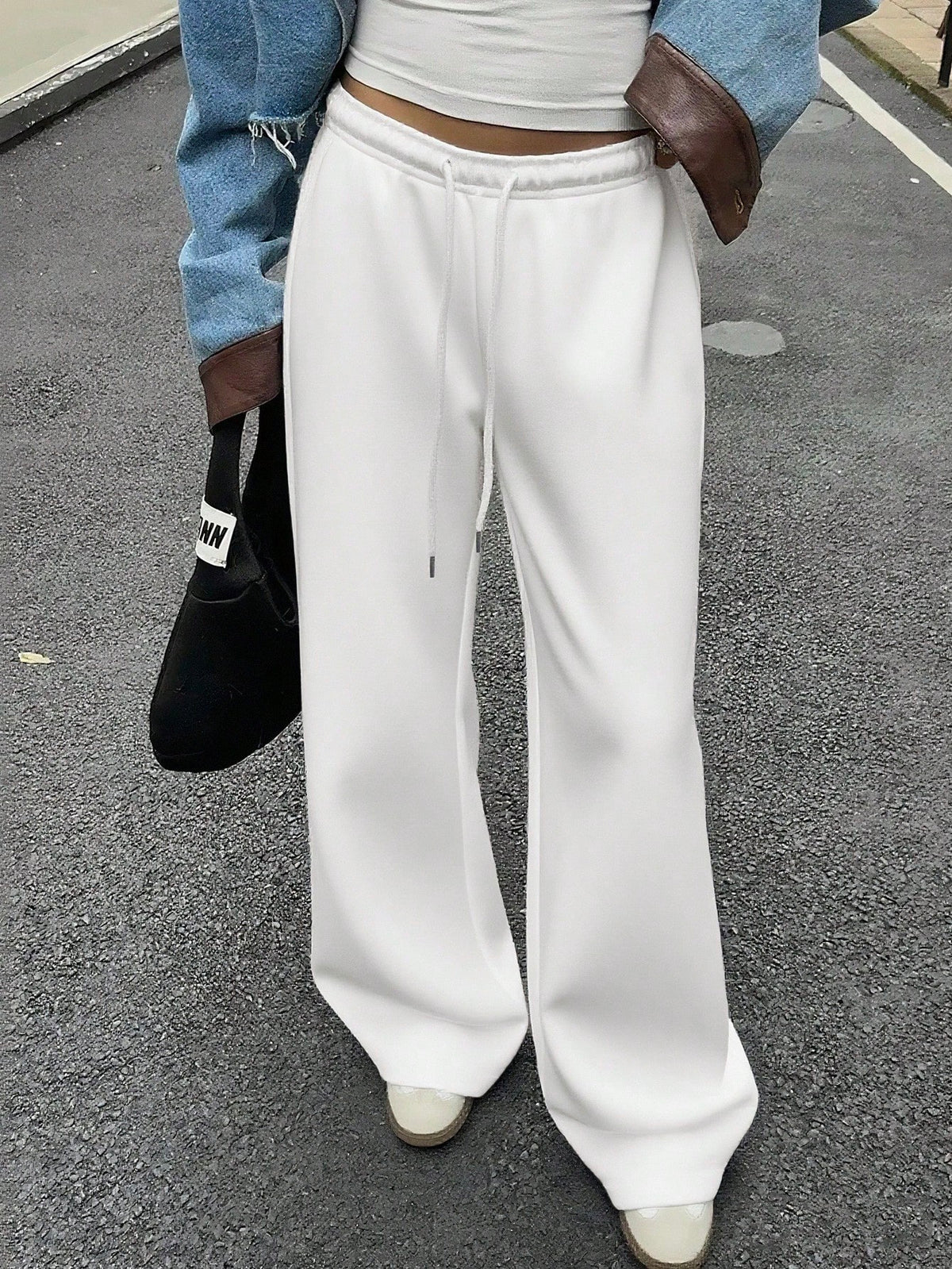 Muchica White Women's Casual Loose Front Tie Sweatpants, Suitable For Everyday Wear And Back To School Season, Autumn/Winter,Fall