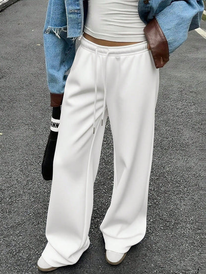Muchica White Women's Casual Loose Front Tie Sweatpants, Suitable For Everyday Wear And Back To School Season, Autumn/Winter,Fall
