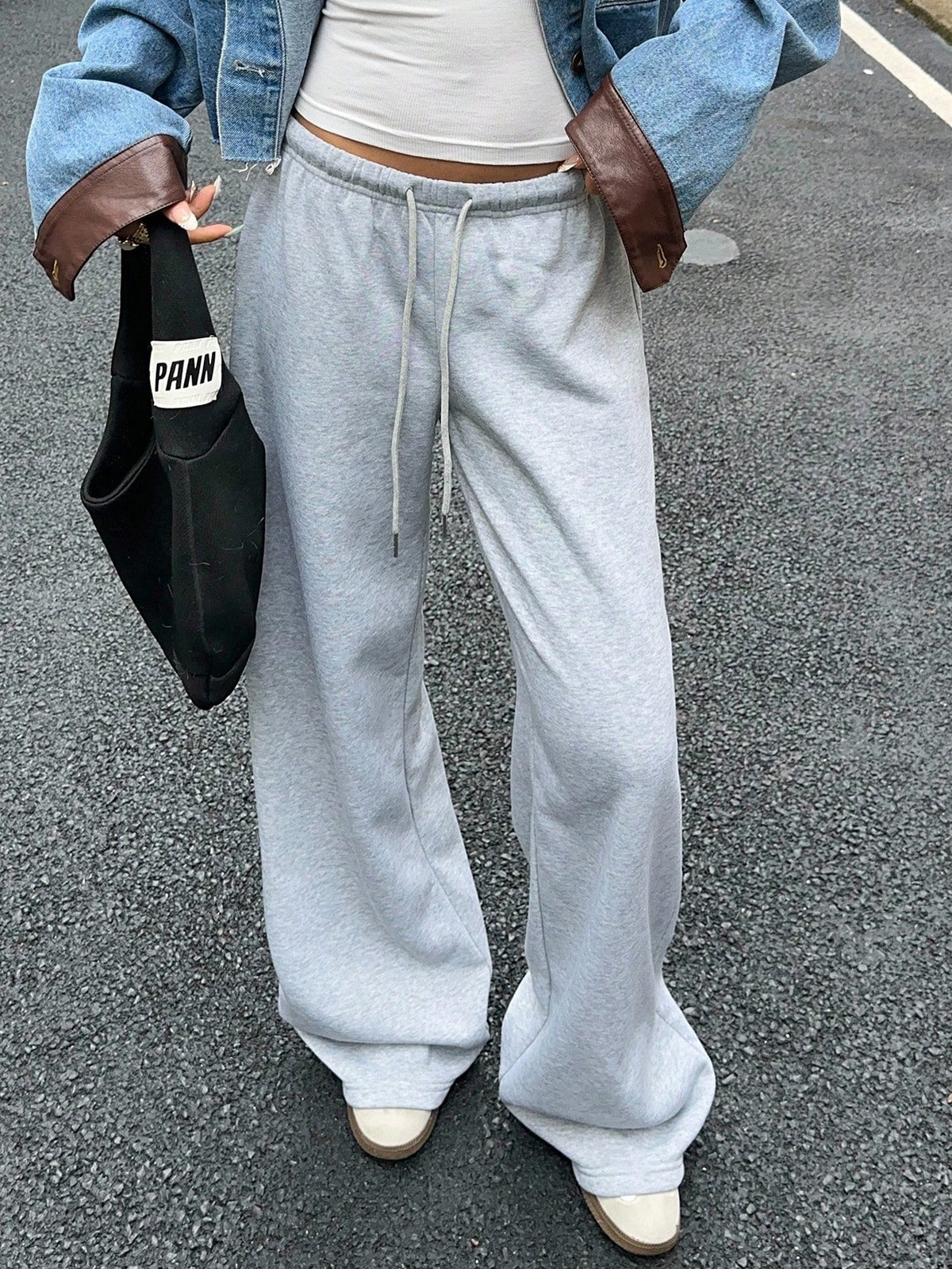 Muchica White Women's Casual Loose Front Tie Sweatpants, Suitable For Everyday Wear And Back To School Season, Autumn/Winter,Fall