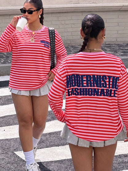 Muchica Women's Knitted Striped Print Long Sleeve T-Shirt Fall