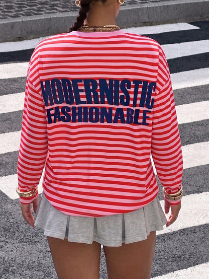 Muchica Women's Knitted Striped Print Long Sleeve T-Shirt Fall