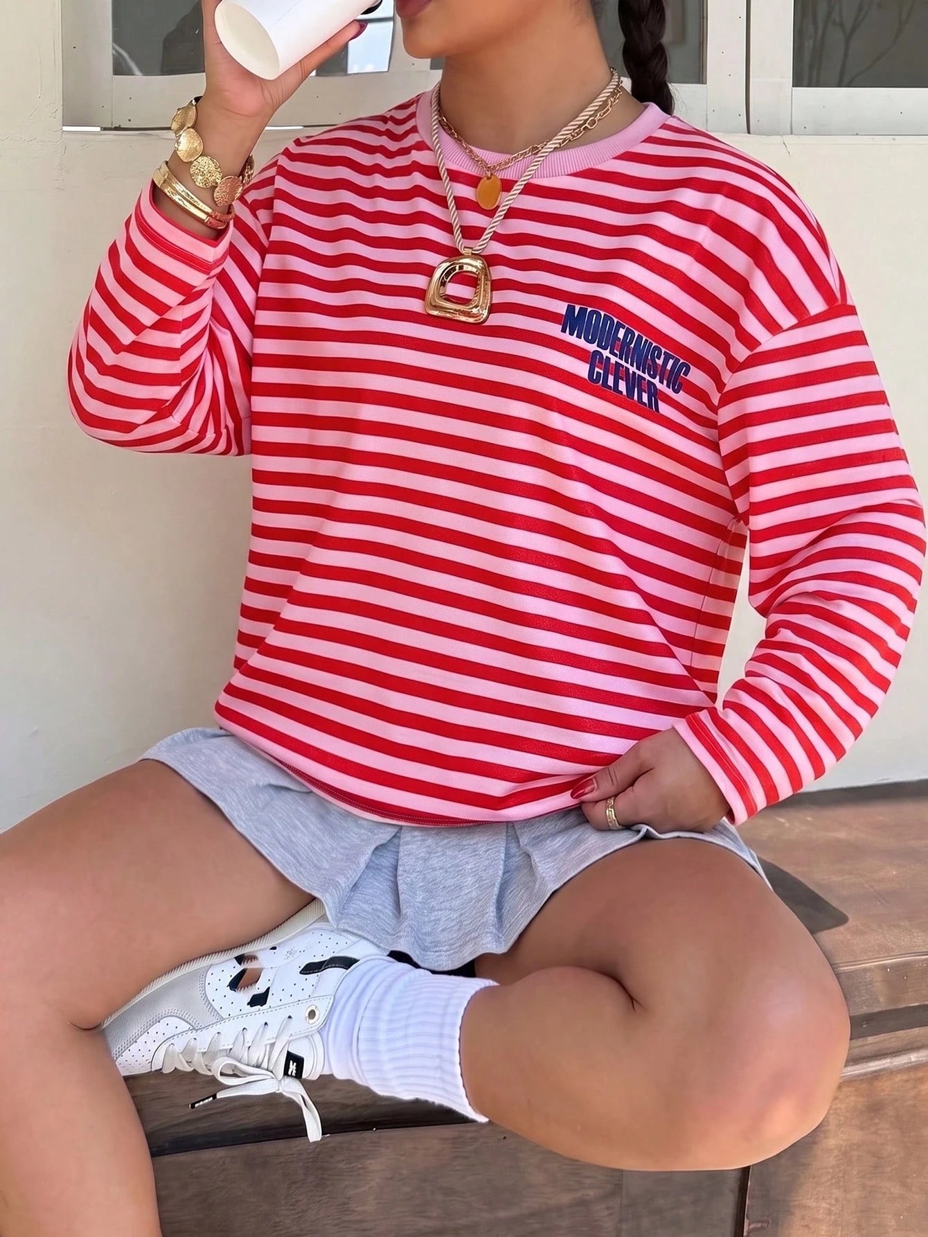 Muchica Women's Knitted Striped Print Long Sleeve T-Shirt Fall