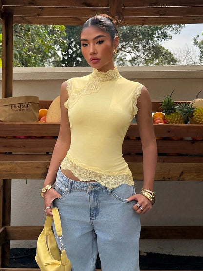 Muchica Women's Pale Yellow Contrast Lace Fitted Fashion Elegant Camisole Tea Party Party Summer