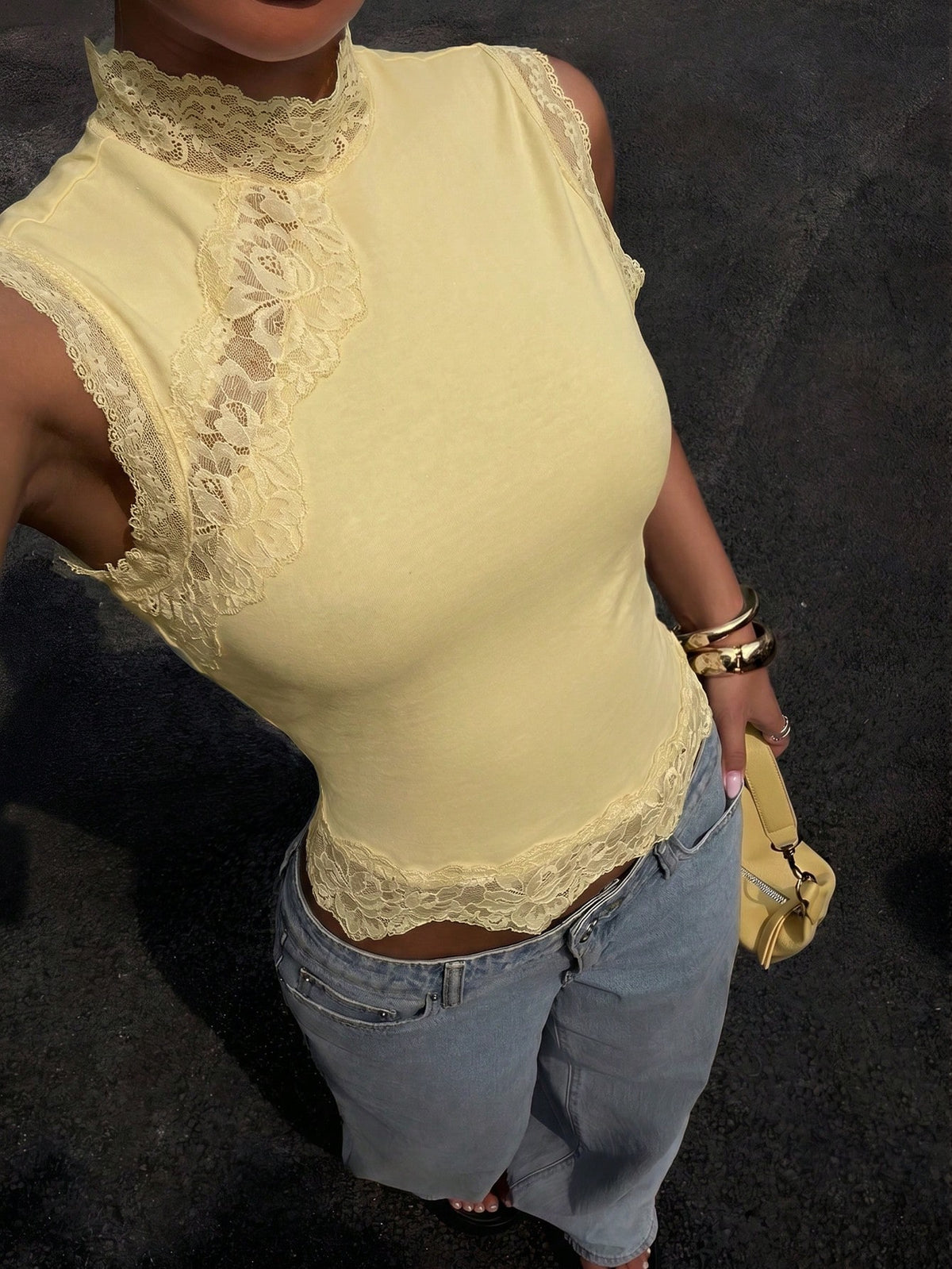 Muchica Women's Pale Yellow Contrast Lace Fitted Fashion Elegant Camisole Tea Party Party Summer
