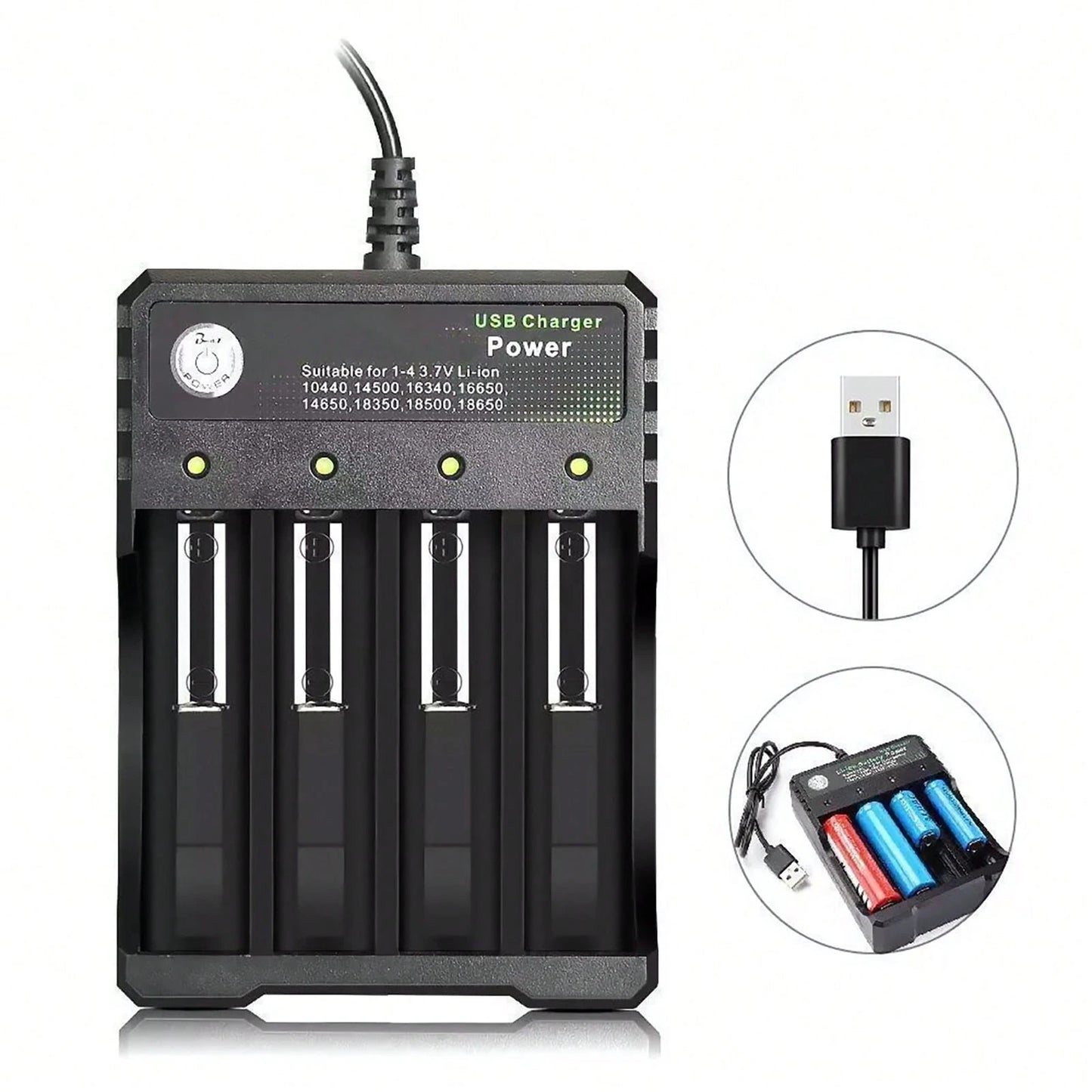 Multi-Port USB Charging Station For 3.7V Lithium-Ion Batteries- 4 Slots