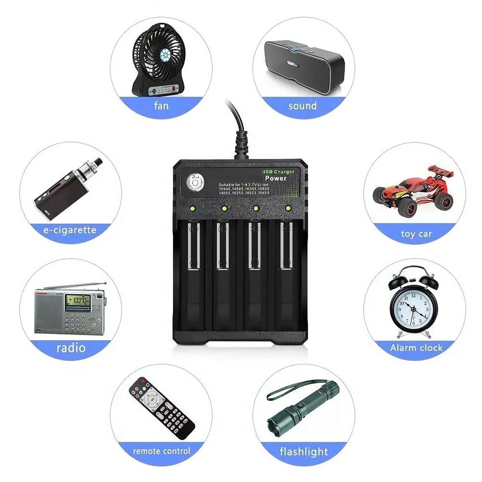 Multi-Port USB Charging Station For 3.7V Lithium-Ion Batteries- 4 Slots