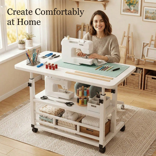 Multifunctional Height-Adjustable Mobile Craft/Storage Table- Mobile Craft Table With 4 360° Silent Casters, Available In Black/White, With Double Shelves. Perfect For Bedrooms