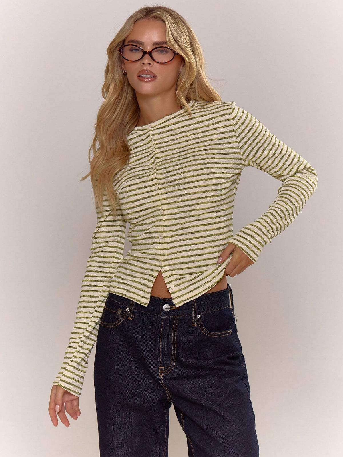 MUSERA Asymmetric Button Down Long Sleeve Stripe Ribbed Crew Neck Top Old Money Cute Core Casual Lounge For Women Spring Summer Holiday Office Work