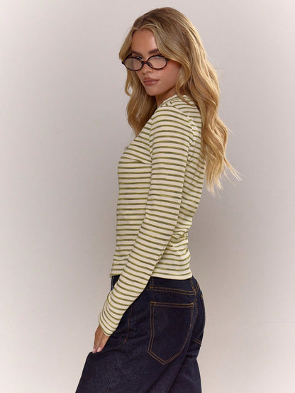 MUSERA Asymmetric Button Down Long Sleeve Stripe Ribbed Crew Neck Top Old Money Cute Core Casual Lounge For Women Spring Summer Holiday Office Work
