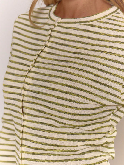 MUSERA Asymmetric Button Down Long Sleeve Stripe Ribbed Crew Neck Top Old Money Cute Core Casual Lounge For Women Spring Summer Holiday Office Work