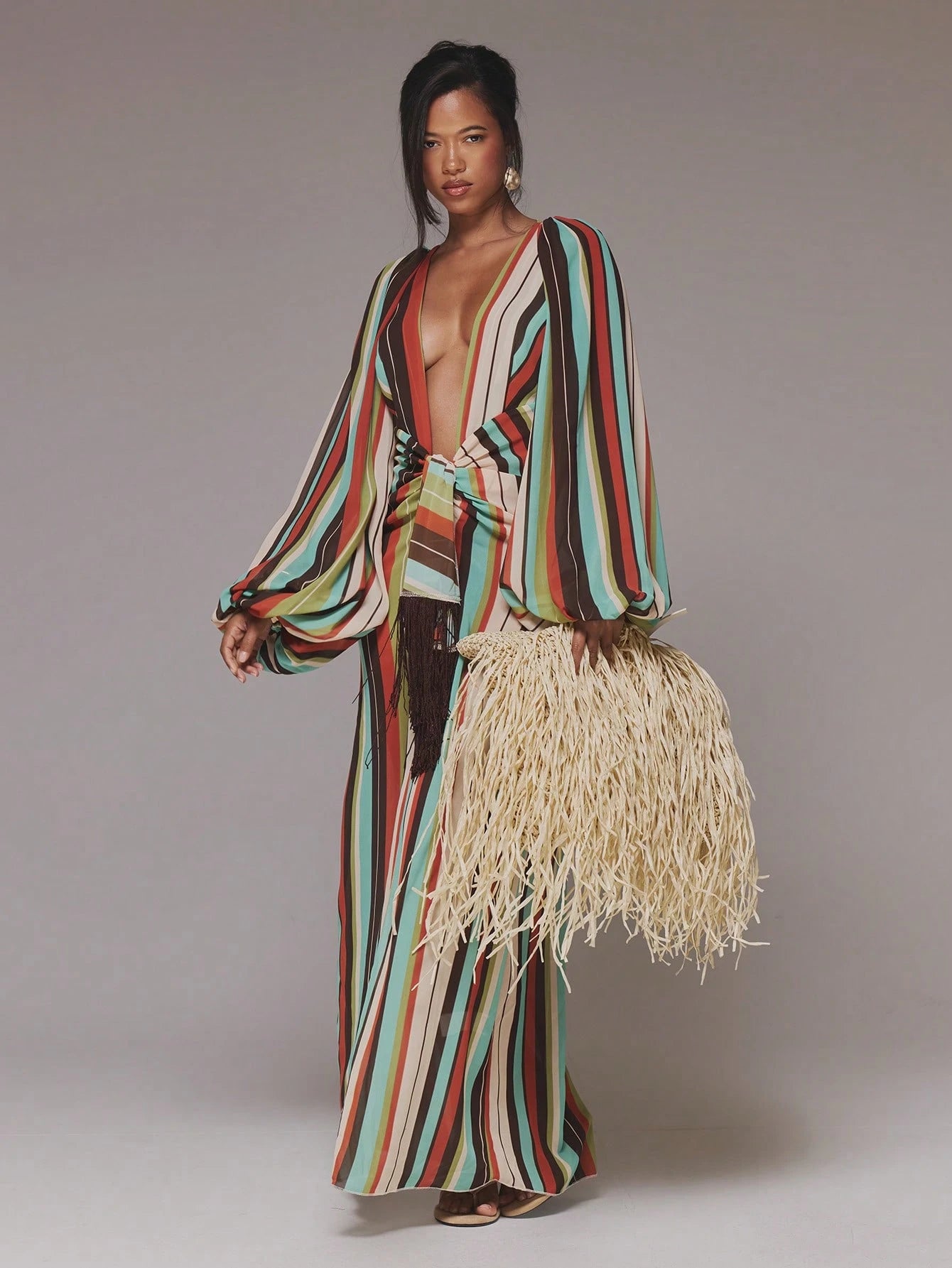 MUSERA Deep Plunge Print Cute Chiffon Relaxed Long Sleeve Light Weight Tie Maxi Dress Cover Up Swim Vacation Holiday Summer Travel Beachwear Terra Sol Long Dress