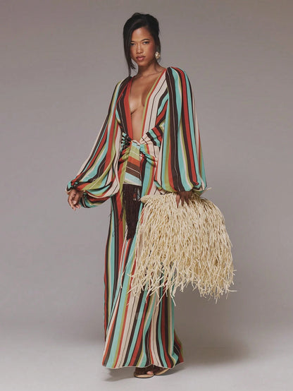 MUSERA Deep Plunge Print Cute Chiffon Relaxed Long Sleeve Light Weight Tie Maxi Dress Cover Up Swim Vacation Holiday Summer Travel Beachwear Terra Sol Long Dress