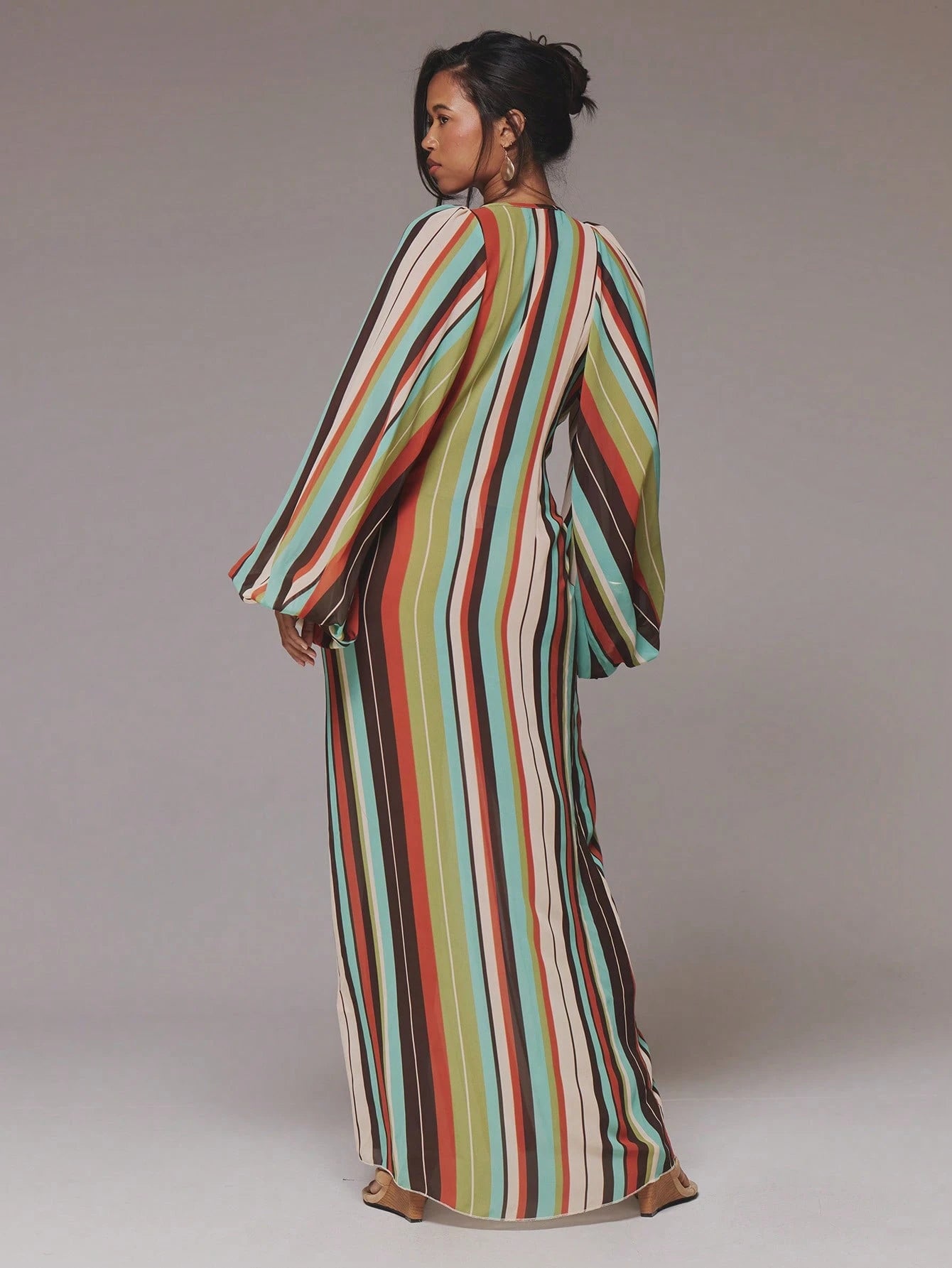 MUSERA Deep Plunge Print Cute Chiffon Relaxed Long Sleeve Light Weight Tie Maxi Dress Cover Up Swim Vacation Holiday Summer Travel Beachwear Terra Sol Long Dress