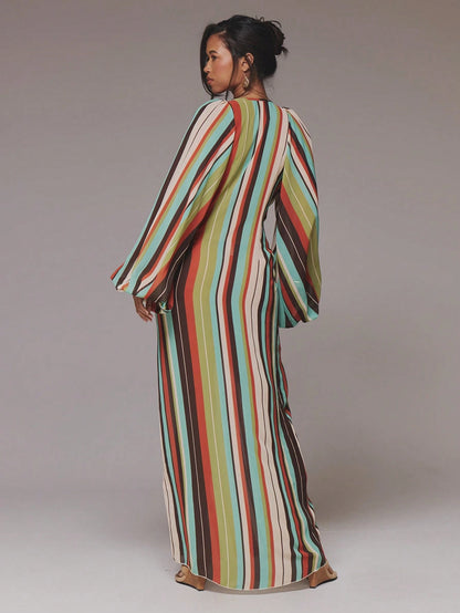 MUSERA Deep Plunge Print Cute Chiffon Relaxed Long Sleeve Light Weight Tie Maxi Dress Cover Up Swim Vacation Holiday Summer Travel Beachwear Terra Sol Long Dress
