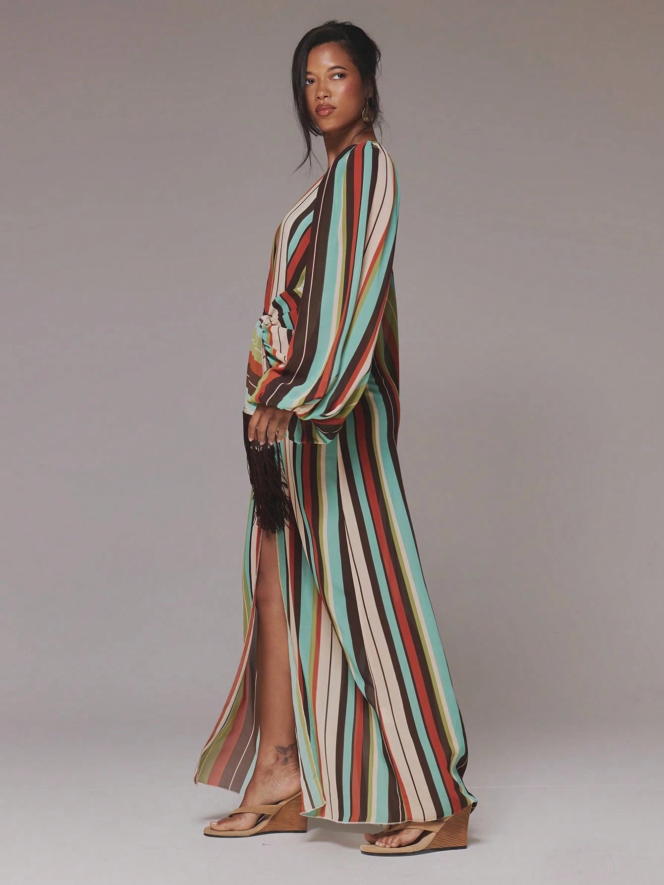 MUSERA Deep Plunge Print Cute Chiffon Relaxed Long Sleeve Light Weight Tie Maxi Dress Cover Up Swim Vacation Holiday Summer Travel Beachwear Terra Sol Long Dress