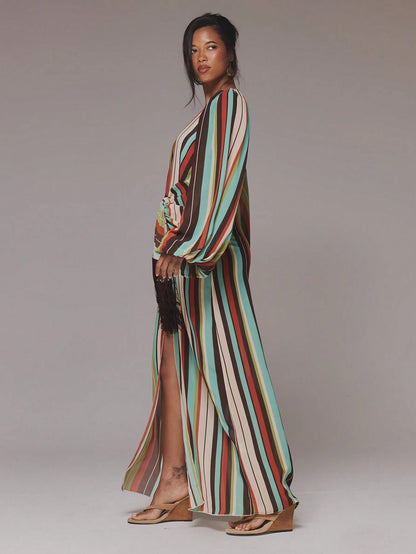 MUSERA Deep Plunge Print Cute Chiffon Relaxed Long Sleeve Light Weight Tie Maxi Dress Cover Up Swim Vacation Holiday Summer Travel Beachwear Terra Sol Long Dress