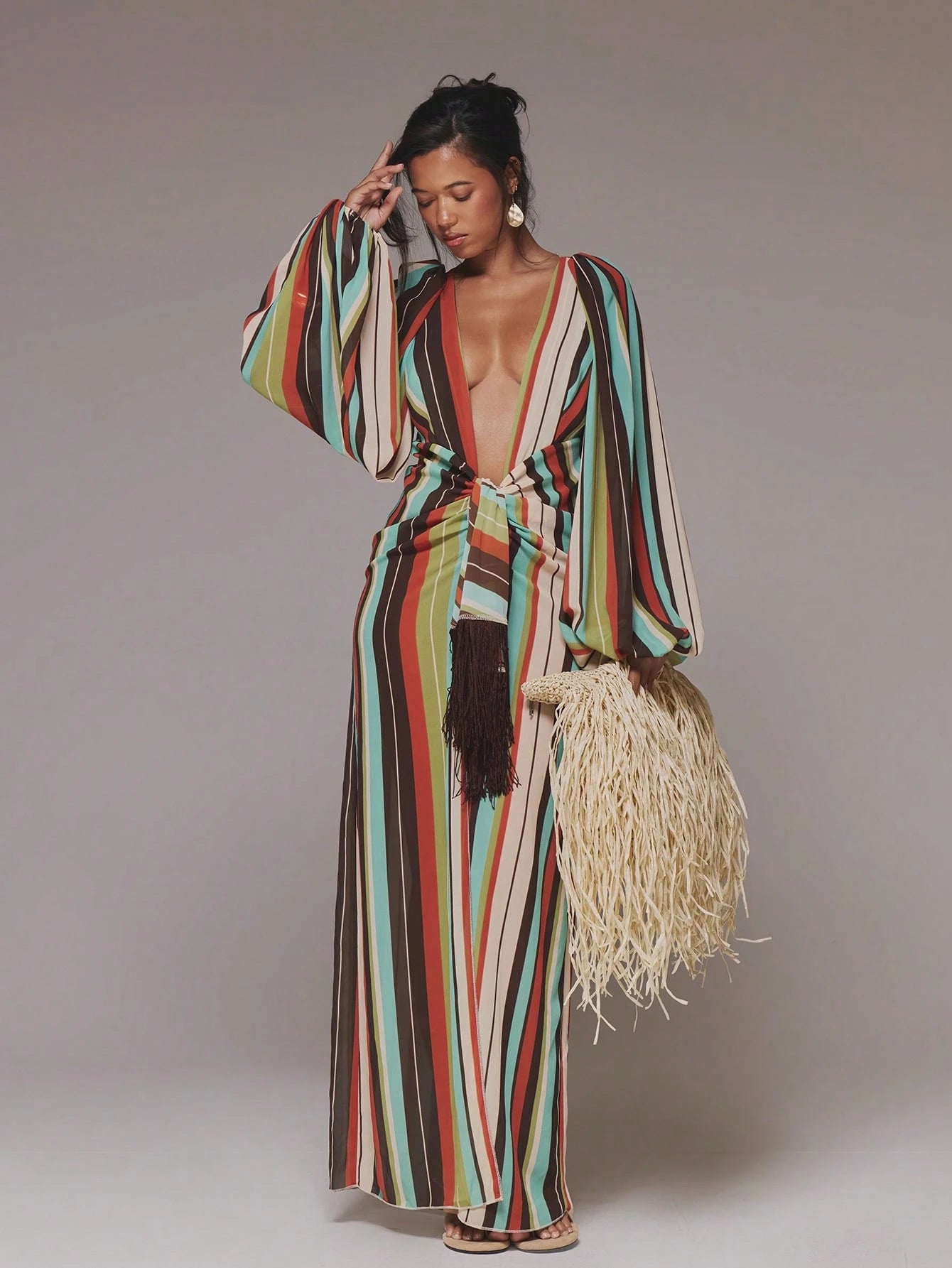 MUSERA Deep Plunge Print Cute Chiffon Relaxed Long Sleeve Light Weight Tie Maxi Dress Cover Up Swim Vacation Holiday Summer Travel Beachwear Terra Sol Long Dress