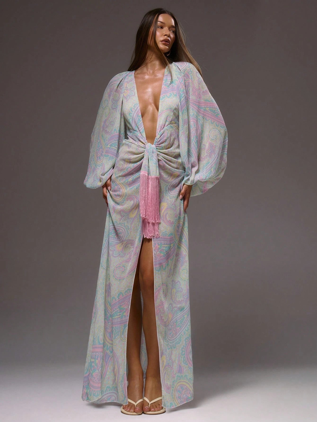 MUSERA Deep Plunge Print Cute Chiffon Relaxed Long Sleeve Light Weight Tie Maxi Dress Cover Up Swim Vacation Holiday Summer Travel Beachwear Terra Sol Long Dress