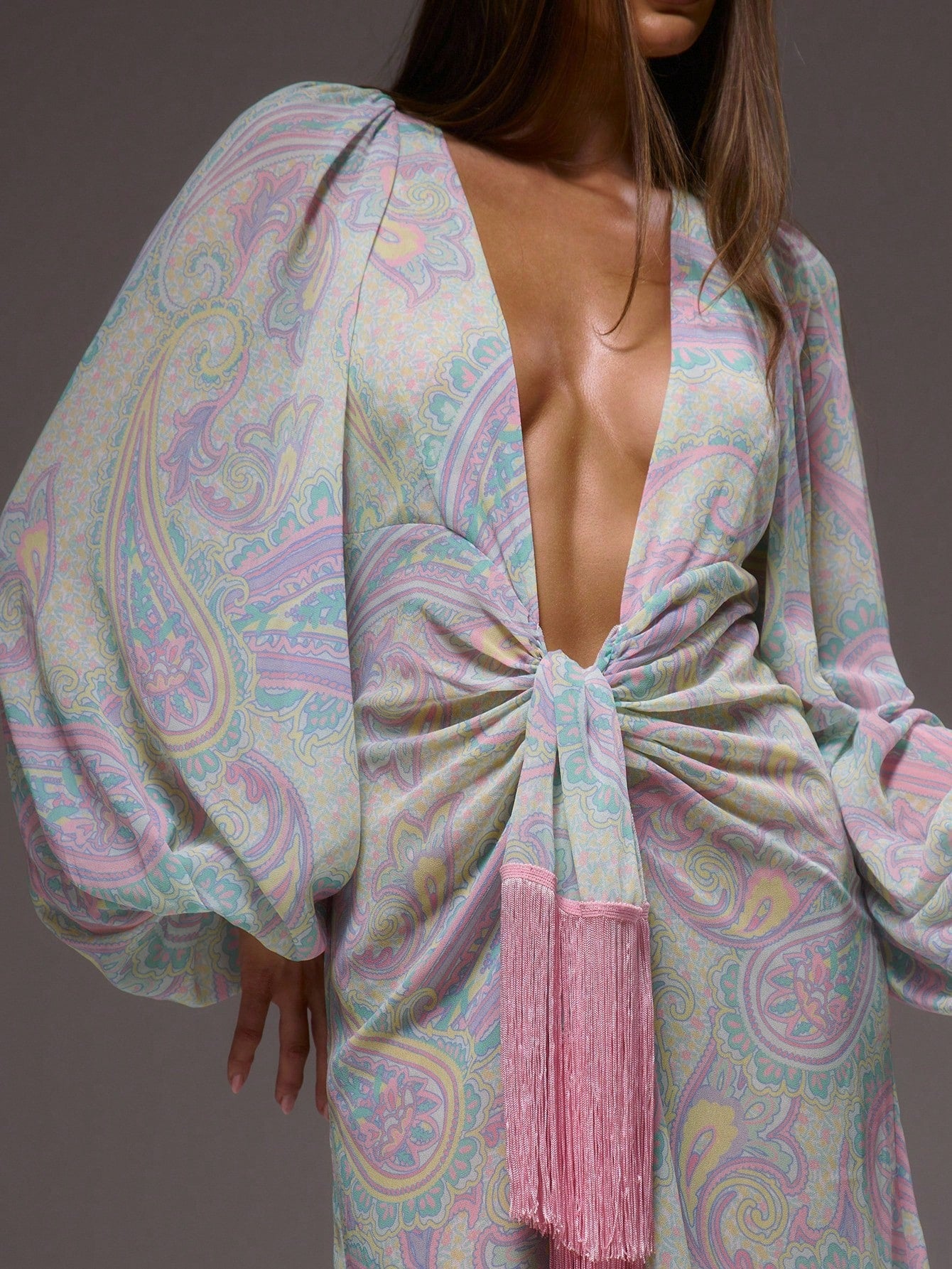 MUSERA Deep Plunge Print Cute Chiffon Relaxed Long Sleeve Light Weight Tie Maxi Dress Cover Up Swim Vacation Holiday Summer Travel Beachwear Terra Sol Long Dress