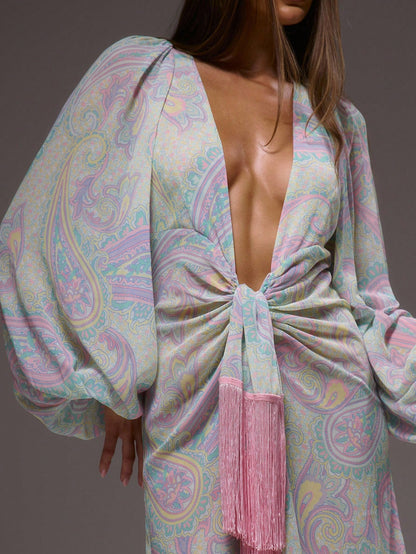 MUSERA Deep Plunge Print Cute Chiffon Relaxed Long Sleeve Light Weight Tie Maxi Dress Cover Up Swim Vacation Holiday Summer Travel Beachwear Terra Sol Long Dress