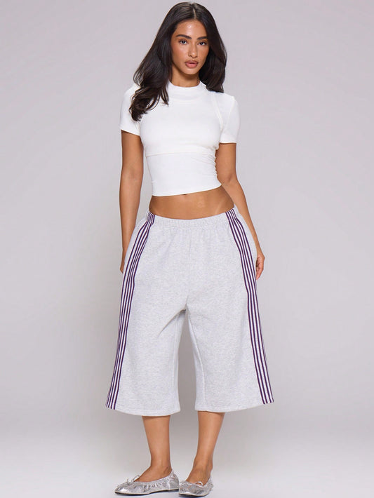 MUSERA Grey Purple Side Stripe Elasticated Low Rise Fit Oversized Longline Sweat Capri Shorts