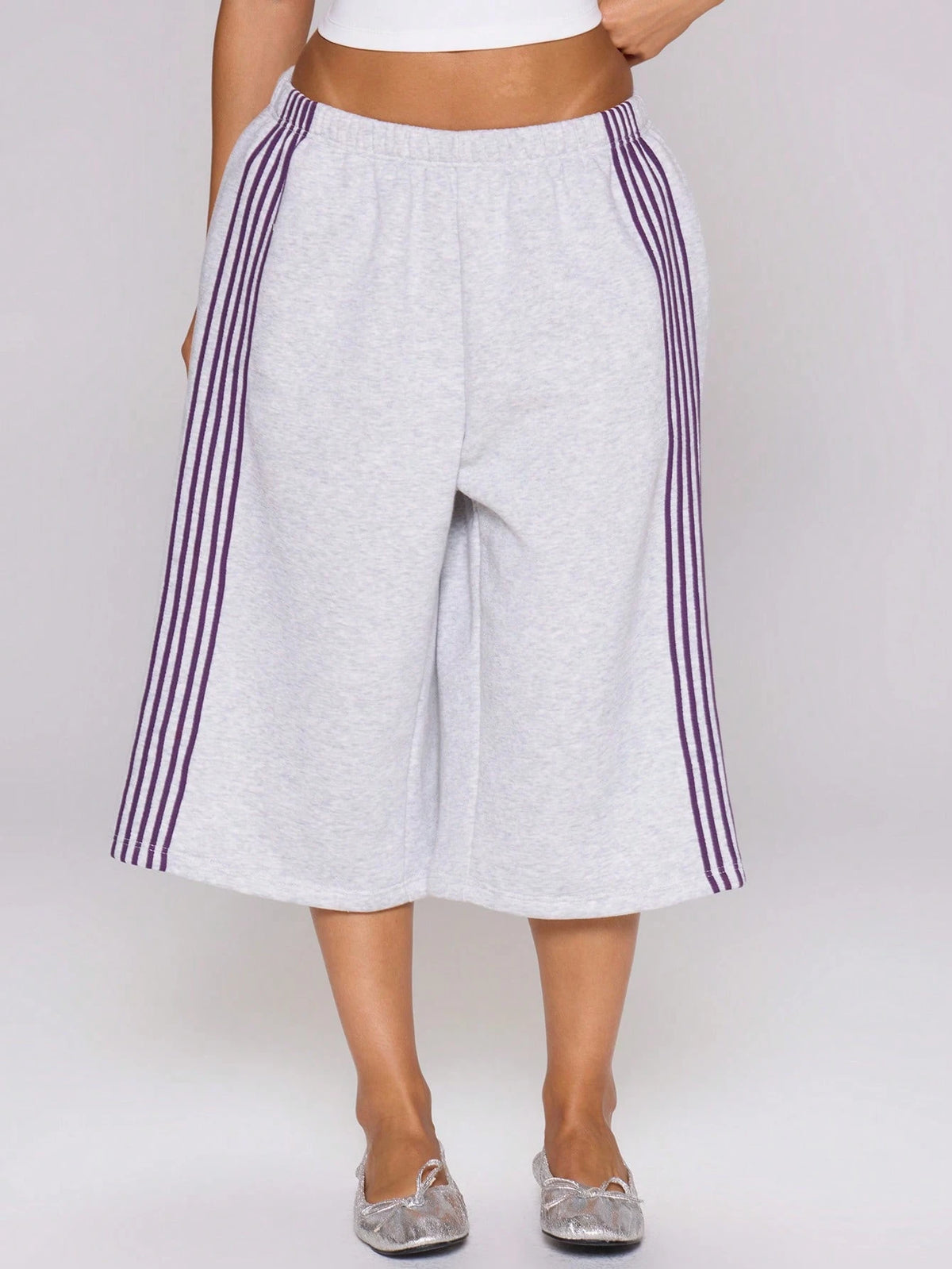 MUSERA Grey Purple Side Stripe Elasticated Low Rise Fit Oversized Longline Sweat Capri Shorts