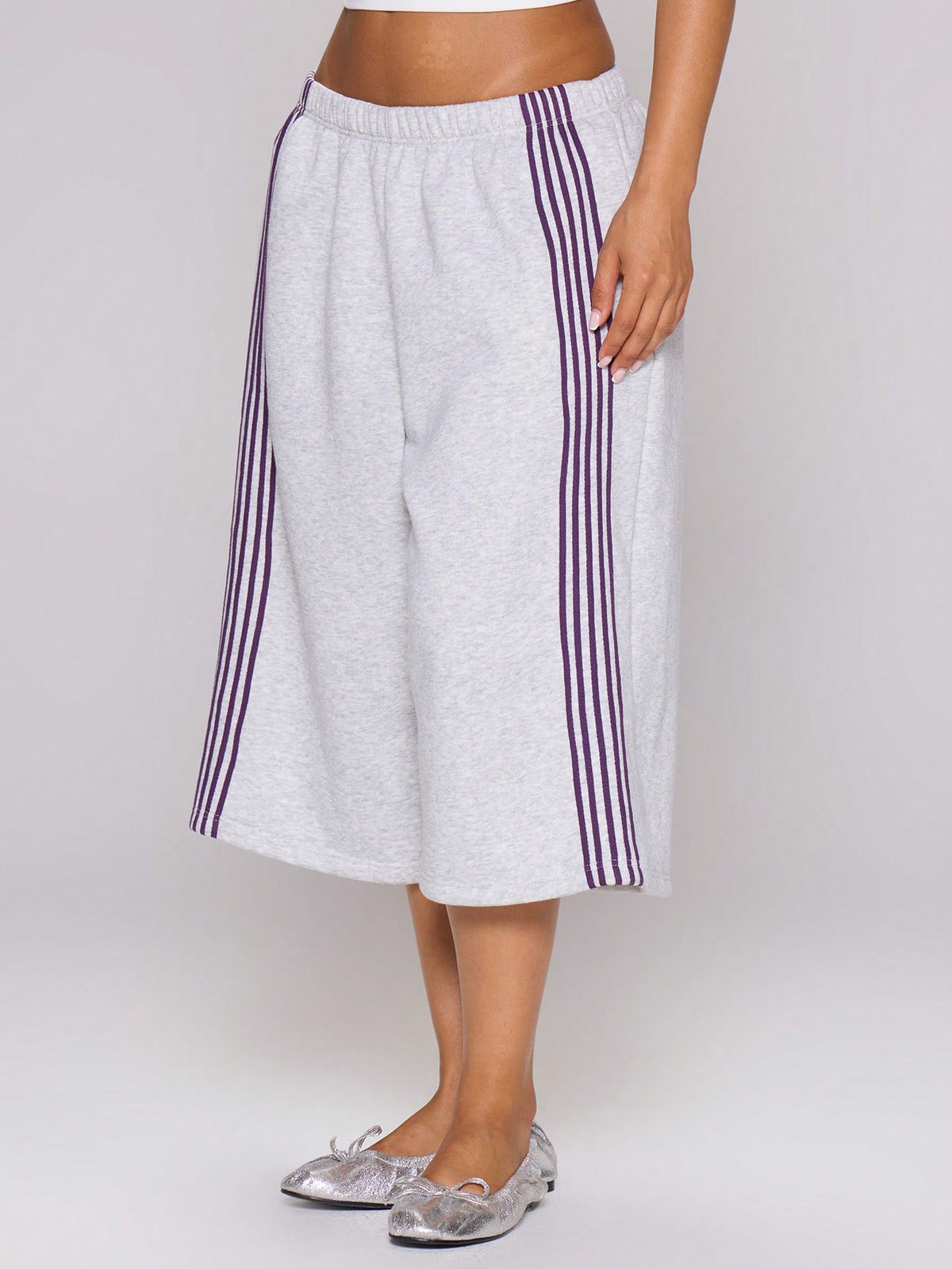 MUSERA Grey Purple Side Stripe Elasticated Low Rise Fit Oversized Longline Sweat Capri Shorts