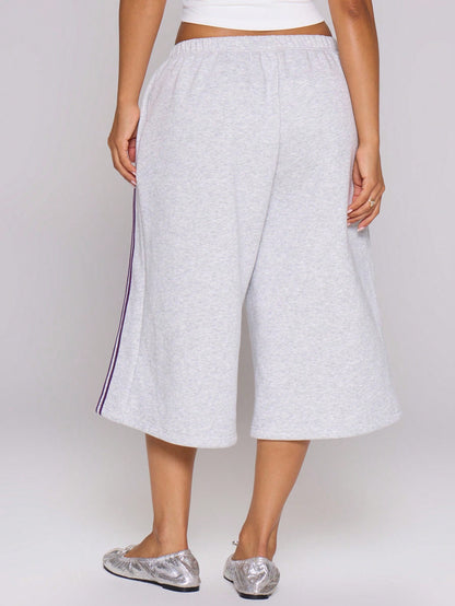 MUSERA Grey Purple Side Stripe Elasticated Low Rise Fit Oversized Longline Sweat Capri Shorts