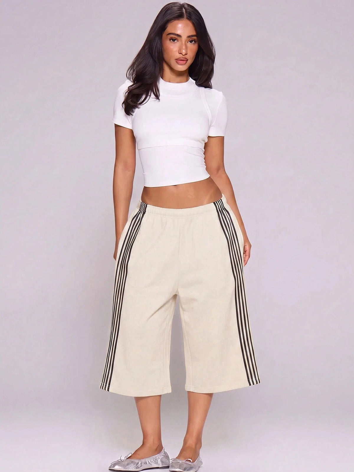 MUSERA Grey Purple Side Stripe Elasticated Low Rise Fit Oversized Longline Sweat Capri Shorts