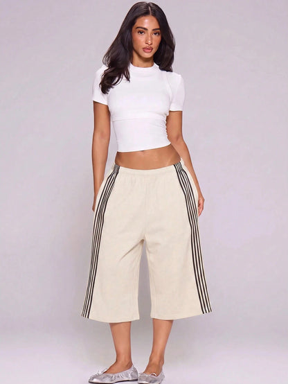 MUSERA Grey Purple Side Stripe Elasticated Low Rise Fit Oversized Longline Sweat Capri Shorts