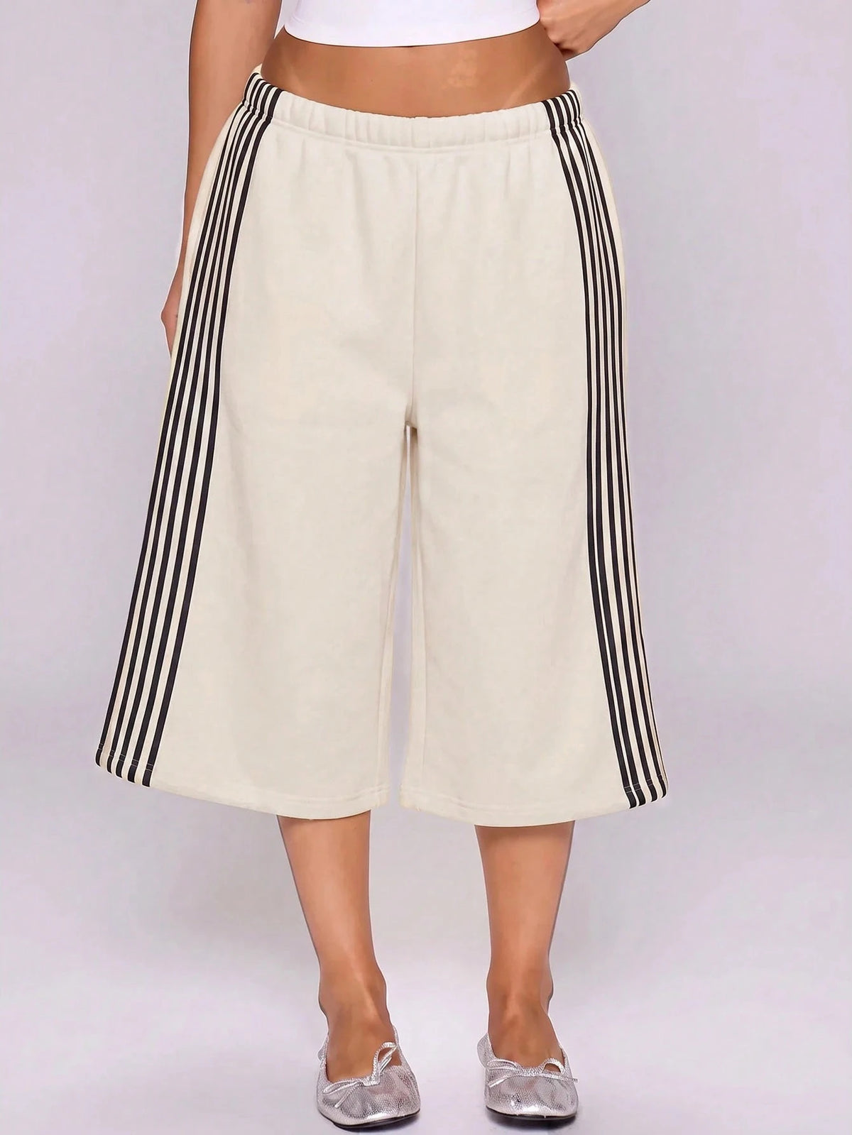 MUSERA Grey Purple Side Stripe Elasticated Low Rise Fit Oversized Longline Sweat Capri Shorts