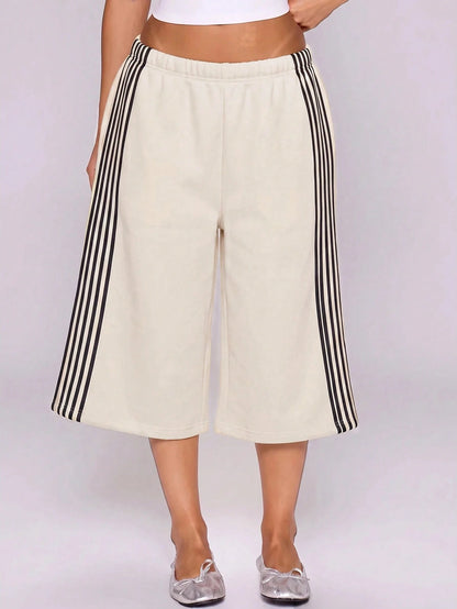 MUSERA Grey Purple Side Stripe Elasticated Low Rise Fit Oversized Longline Sweat Capri Shorts