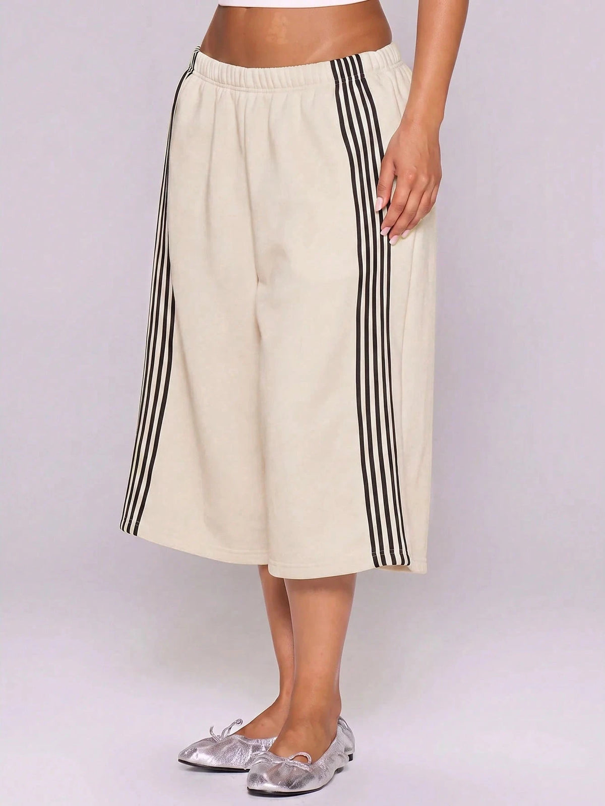 MUSERA Grey Purple Side Stripe Elasticated Low Rise Fit Oversized Longline Sweat Capri Shorts