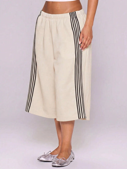 MUSERA Grey Purple Side Stripe Elasticated Low Rise Fit Oversized Longline Sweat Capri Shorts