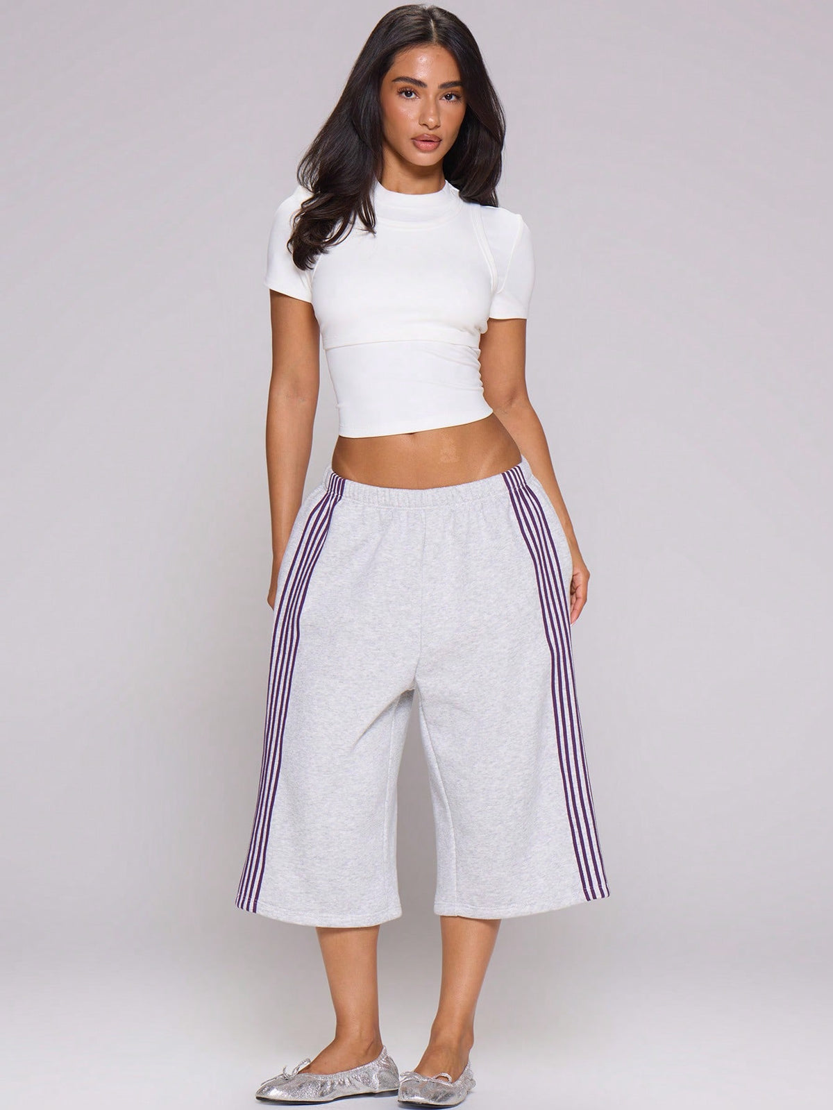 MUSERA Grey Purple Side Stripe Elasticated Low Rise Fit Oversized Longline Sweat Capri Shorts
