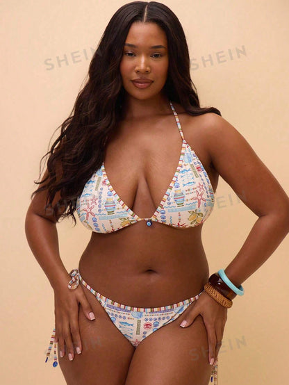 MUSERA Plus Size Mixed Print Evil Eye Beaded Bikini Top Only Spring Summer Vacation Holiday Elegant Tropical Swim Ibiza Beach Beach Vacation Thalassa Beige