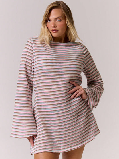 MUSERA Plus Size Striped Long Sleeve Open Back Mini Dress Cover Up Summer Swim Beach Vacation Everyday Sexy Cute Travel Bambola
