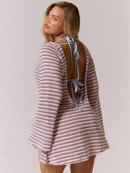 MUSERA Plus Size Striped Long Sleeve Open Back Mini Dress Cover Up Summer Swim Beach Vacation Everyday Sexy Cute Travel Bambola