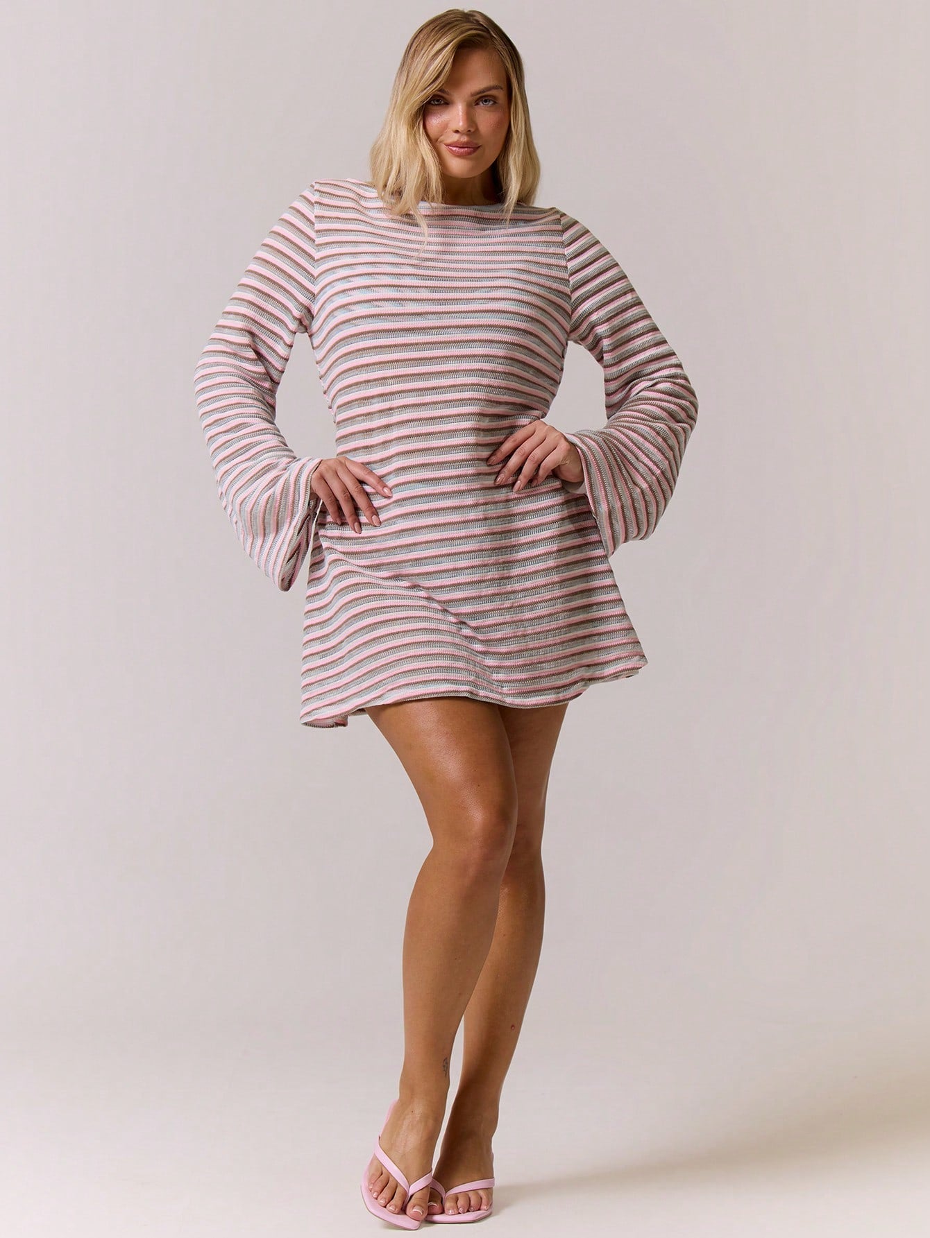 MUSERA Plus Size Striped Long Sleeve Open Back Mini Dress Cover Up Summer Swim Beach Vacation Everyday Sexy Cute Travel Bambola