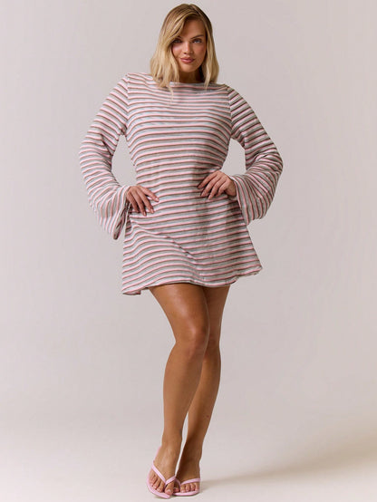 MUSERA Plus Size Striped Long Sleeve Open Back Mini Dress Cover Up Summer Swim Beach Vacation Everyday Sexy Cute Travel Bambola