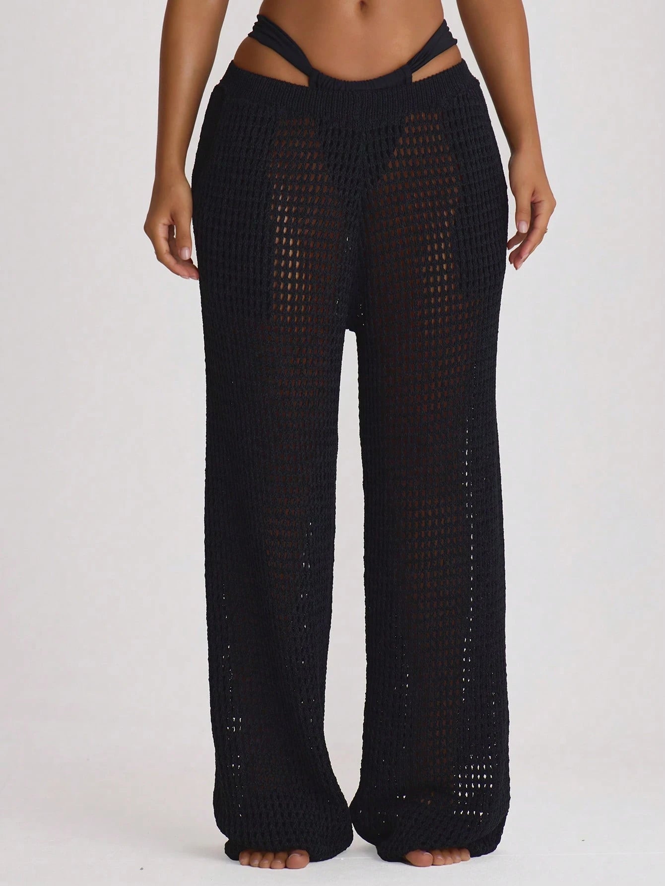 Musera Resort Crochet Knit Wide Leg Cover Up Trousers Swim Vacation Holiday Summer Travel Beachwear Beach Vacation Solid Colour Basics Resort Core Black Tropical