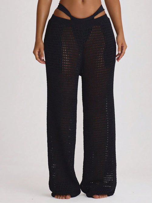 Musera Resort Crochet Knit Wide Leg Cover Up Trousers Swim Vacation Holiday Summer Travel Beachwear Beach Vacation Solid Colour Basics Resort Core Black Tropical